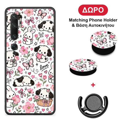 Pink Florals Puppies and Bunnies on White - Xiaomi Mi Note 10 / 10 Pro θήκη + Δώρο Phone Holder & Βάση Αυτοκινήτου