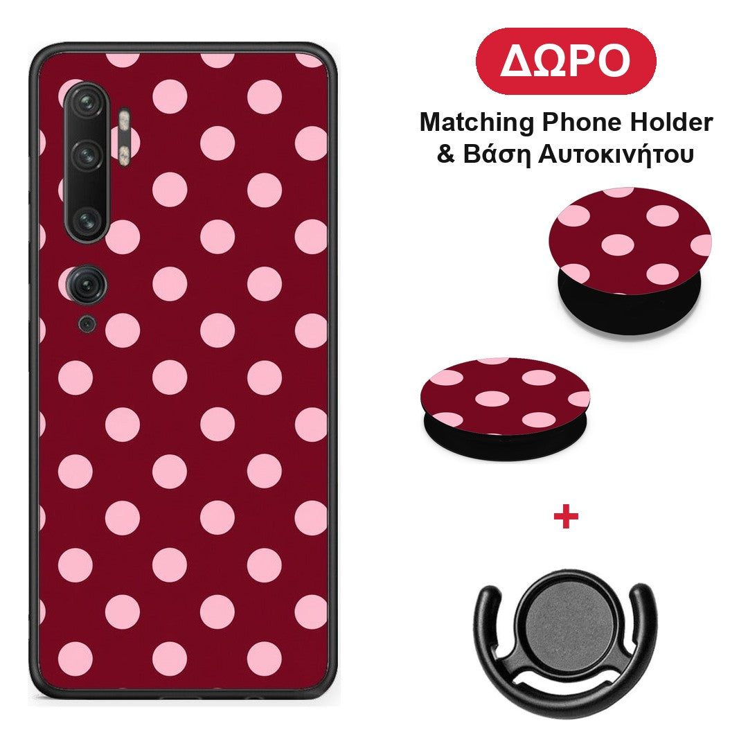 Pink Polka Dots on Burgundy - Xiaomi Mi Note 10 / 10 Pro θήκη + Δώρο Phone Holder & Βάση Αυτοκινήτου