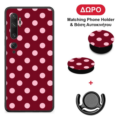 Pink Polka Dots on Burgundy - Xiaomi Mi Note 10 / 10 Pro θήκη + Δώρο Phone Holder & Βάση Αυτοκινήτου