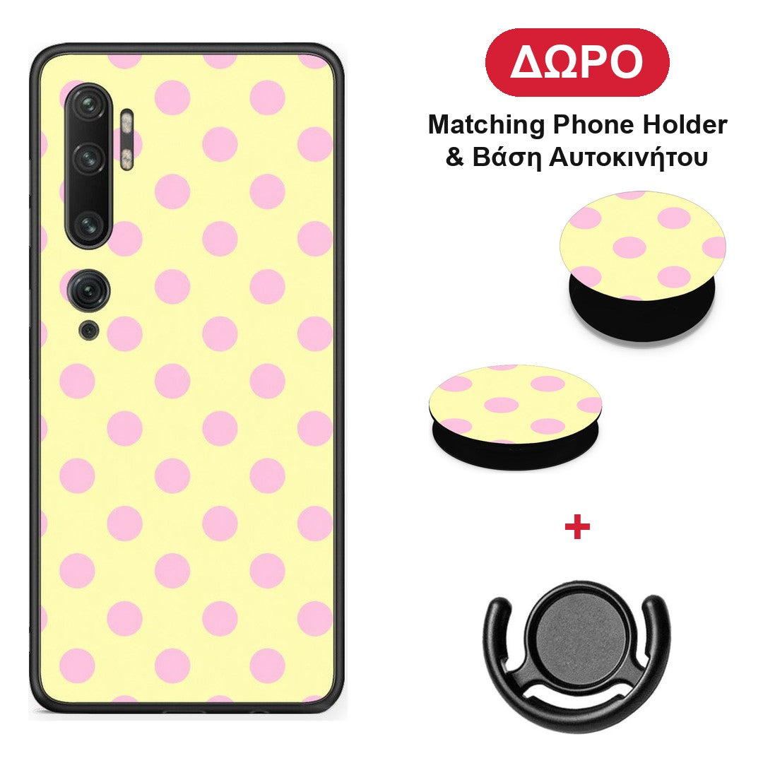 Pink Polka Dots on Yellow - Xiaomi Mi Note 10 / 10 Pro θήκη + Δώρο Phone Holder & Βάση Αυτοκινήτου