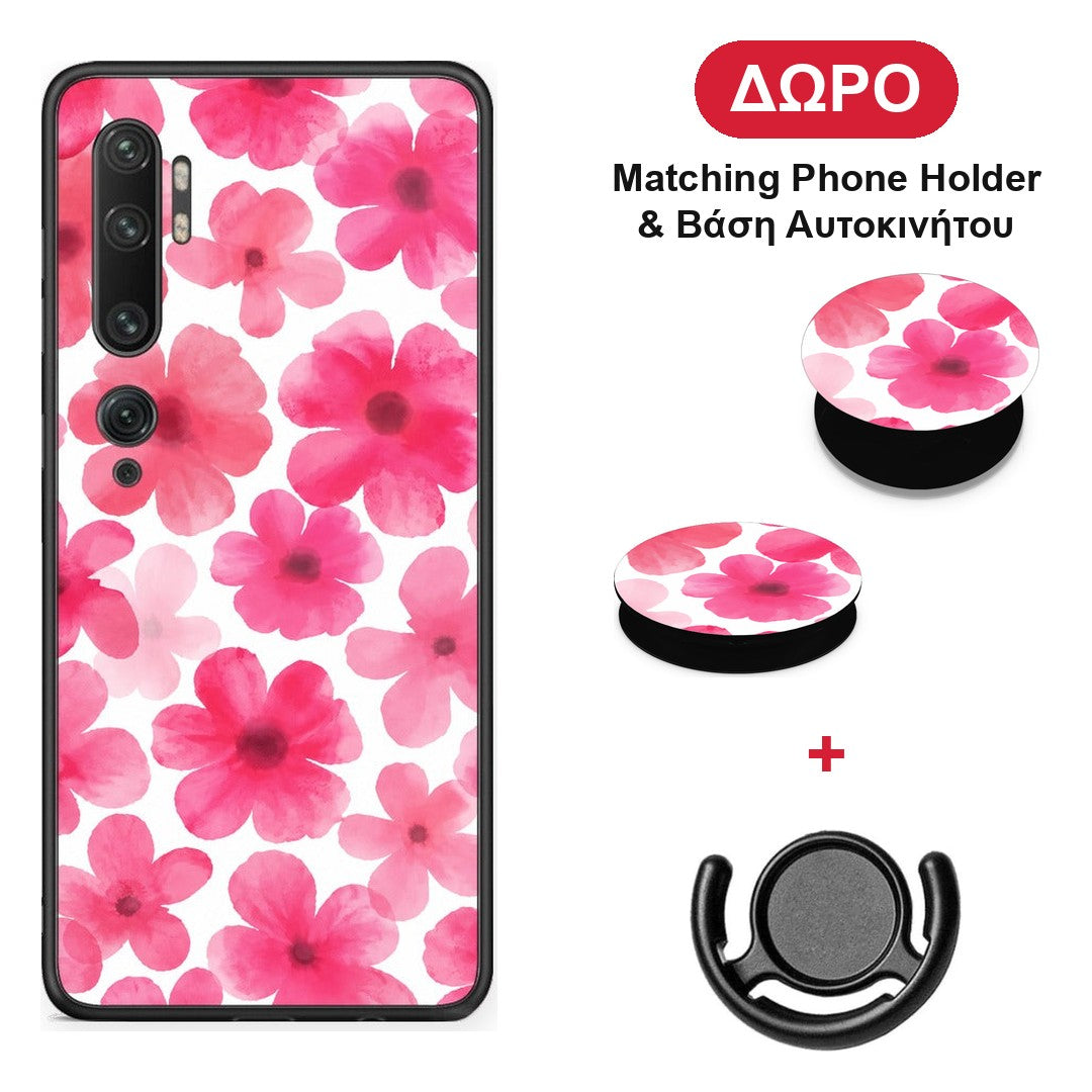 Pink Watercolour Flowers on White - Xiaomi Mi Note 10 / 10 Pro θήκη + Δώρο Phone Holder & Βάση Αυτοκινήτου