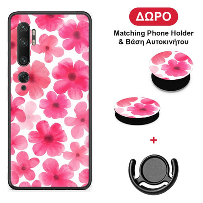 Pink Watercolour Flowers on White - Xiaomi Mi Note 10 / 10 Pro θήκη + Δώρο Phone Holder & Βάση Αυτοκινήτου