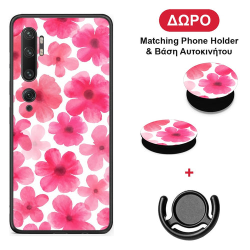 Pink Watercolour Flowers on White - Xiaomi Mi Note 10 / 10 Pro θήκη + Δώρο Phone Holder & Βάση Αυτοκινήτου