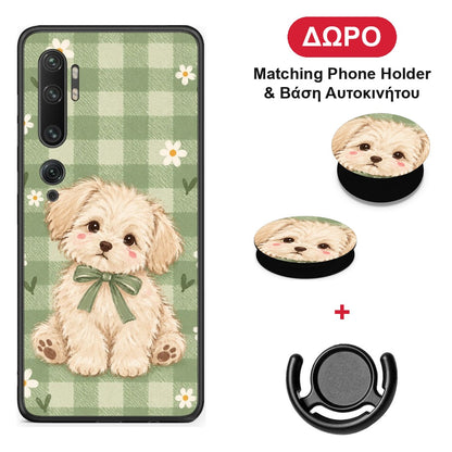 Puppy and Daisies on Sage Gingham - Xiaomi Mi Note 10 / 10 Pro θήκη + Δώρο Phone Holder & Βάση Αυτοκινήτου