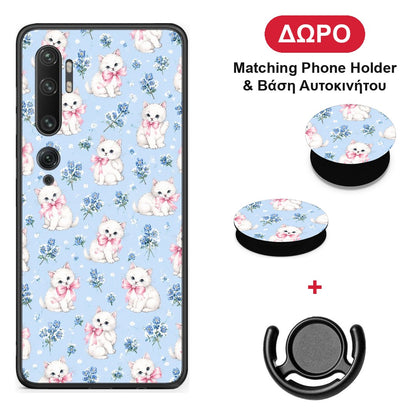 White Kittens and Blue Flowers Small - Xiaomi Mi Note 10 / 10 Pro θήκη + Δώρο Phone Holder & Βάση Αυτοκινήτου