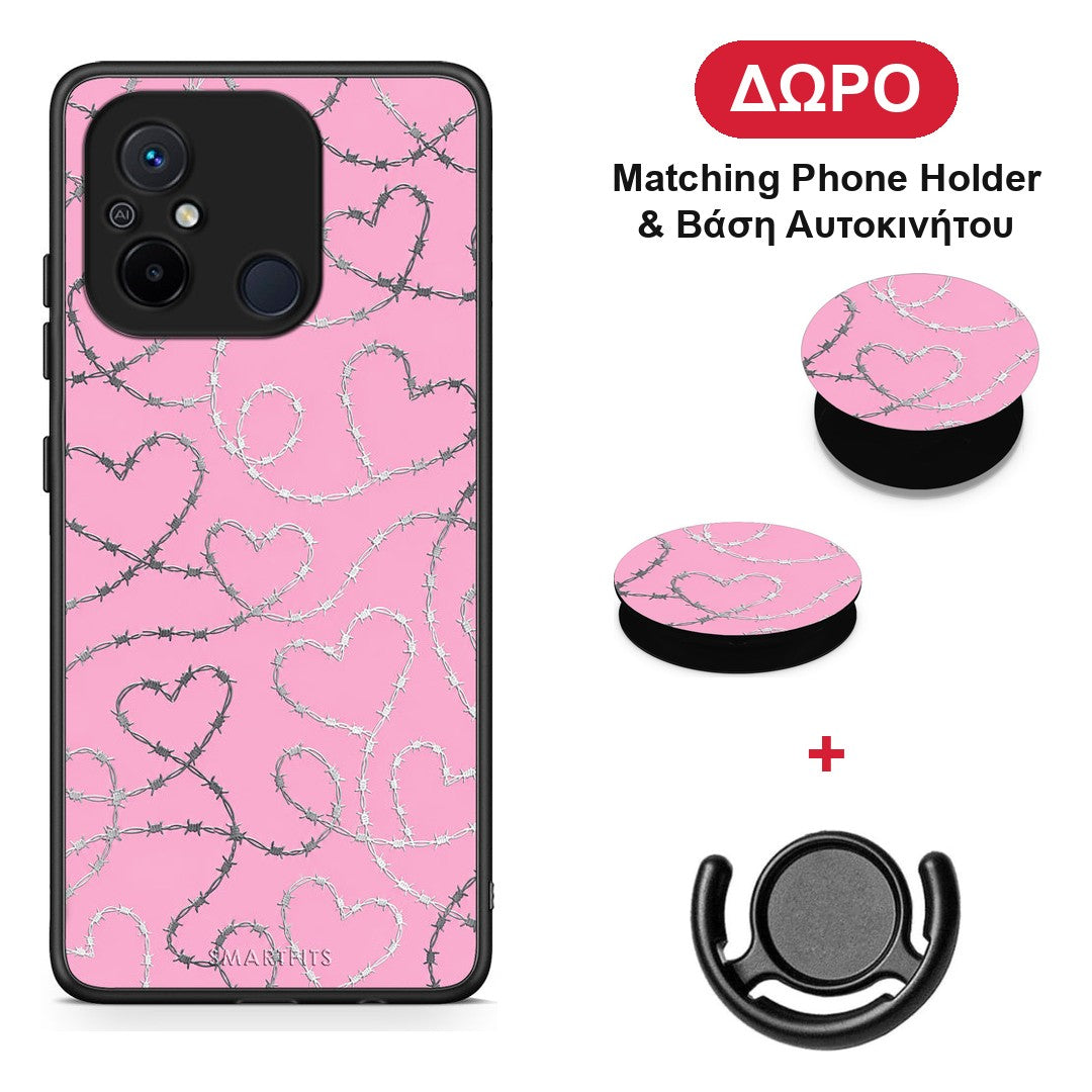 Barbed Wire Hearts on Pink - Xiaomi Poco C55 θήκη + Δώρο Phone Holder & Βάση Αυτοκινήτου