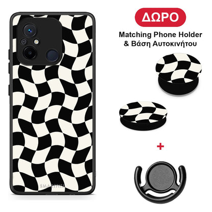 Black and Cream Wavy Checkerboard - Xiaomi Poco C55 θήκη + Δώρο Phone Holder & Βάση Αυτοκινήτου