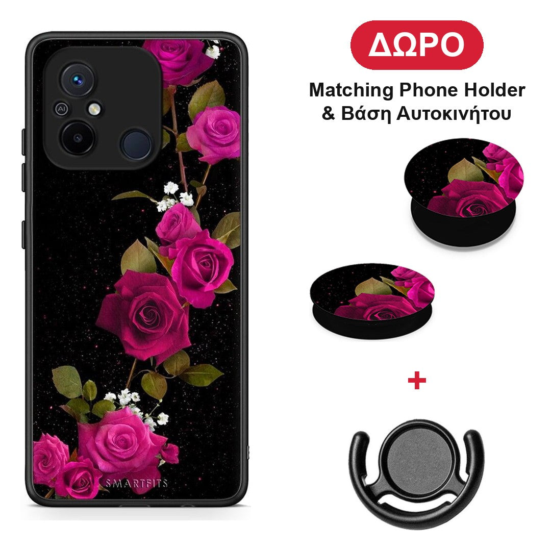 Flower Red Roses - Xiaomi Poco C55 θήκη + Δώρο Phone Holder & Βάση Αυτοκινήτου