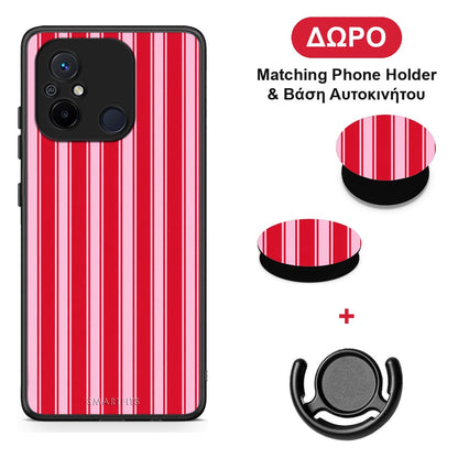 Red and Pink Vertical Pinstripes - Xiaomi Poco C55 θήκη + Δώρο Phone Holder & Βάση Αυτοκινήτου