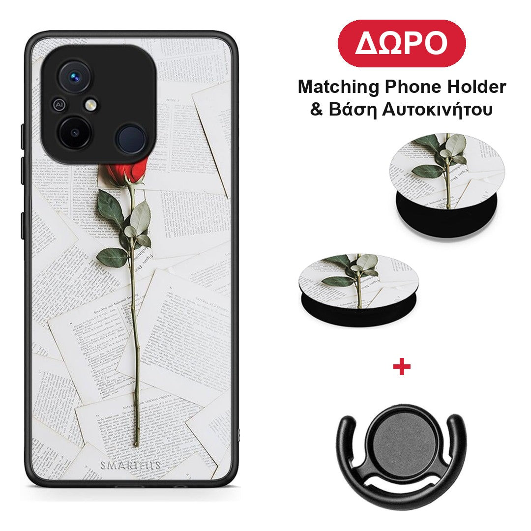 Red Rose - Xiaomi Poco C55 θήκη + Δώρο Phone Holder & Βάση Αυτοκινήτου