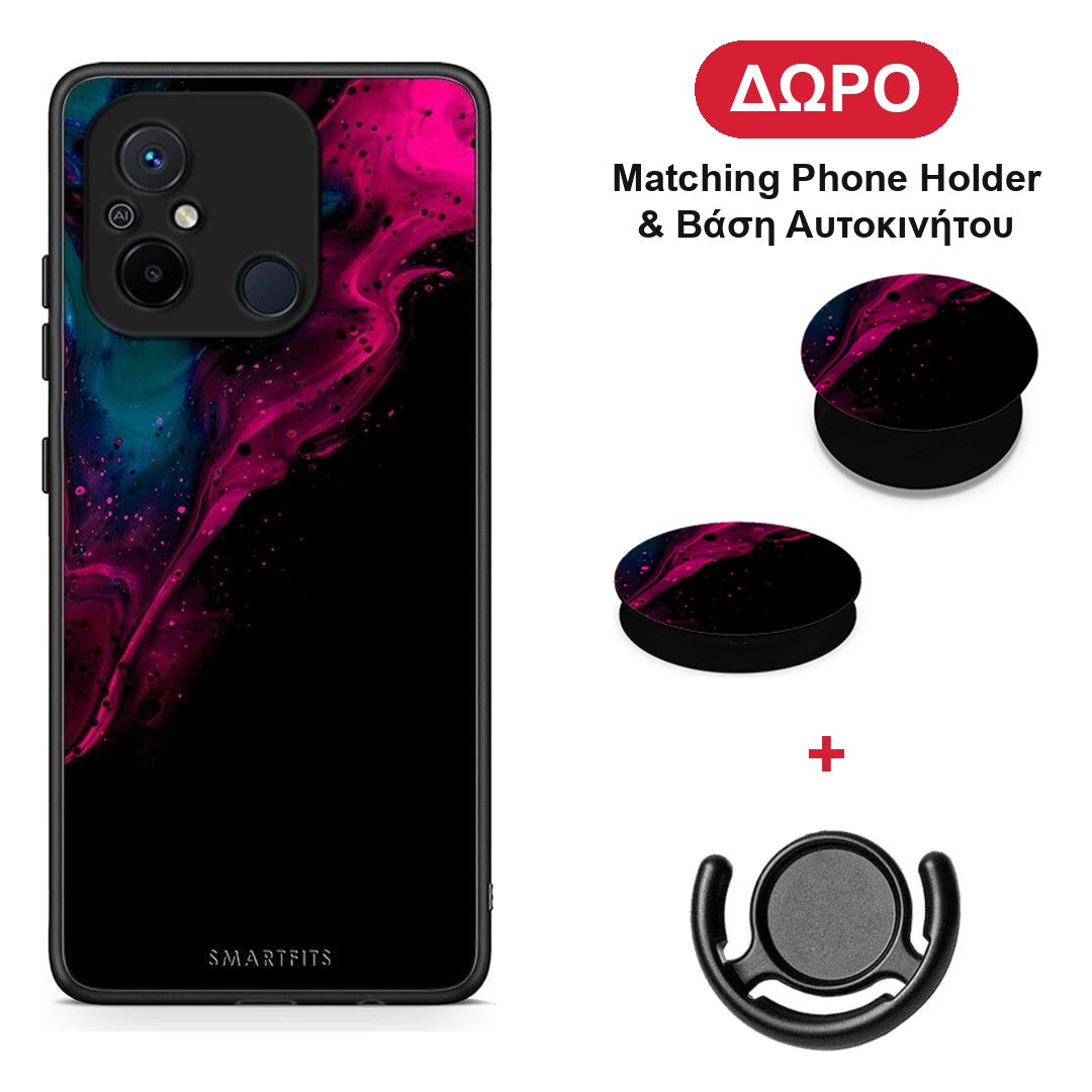 Watercolor Pink Black - Xiaomi Poco C55 θήκη + Δώρο Phone Holder & Βάση Αυτοκινήτου