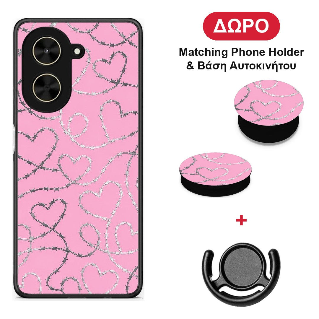 Barbed Wire Hearts on Pink - Xiaomi Poco C71 θήκη + Δώρο Phone Holder & Βάση Αυτοκινήτου