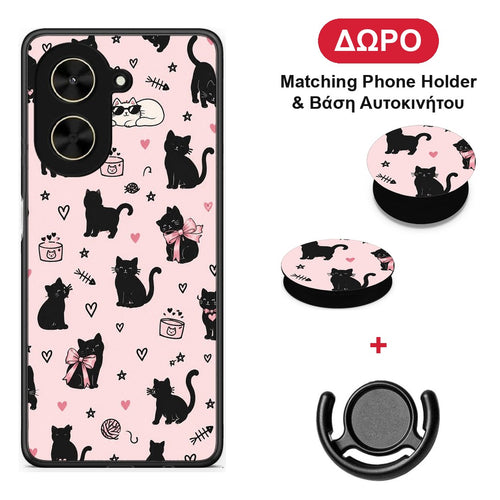 Black Cat Doodles on Pink - Xiaomi Poco C71 θήκη + Δώρο Phone Holder & Βάση Αυτοκινήτου