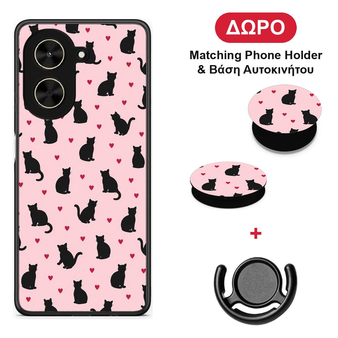 Black Cat Silhouettes and Hearts on Pink - Xiaomi Poco C71 θήκη + Δώρο Phone Holder & Βάση Αυτοκινήτου
