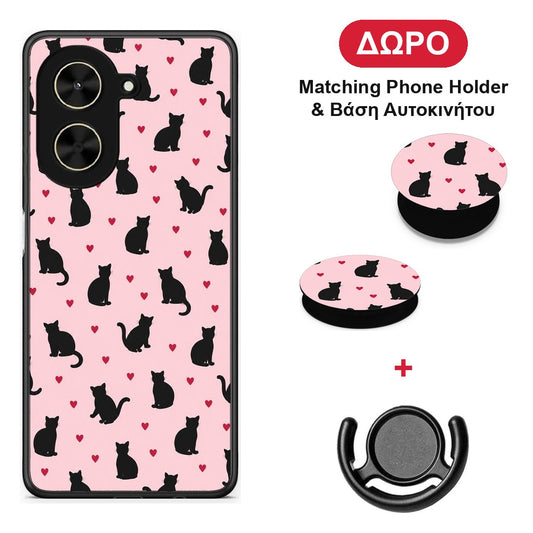Black Cat Silhouettes and Hearts on Pink - Xiaomi Poco C71 θήκη + Δώρο Phone Holder & Βάση Αυτοκινήτου