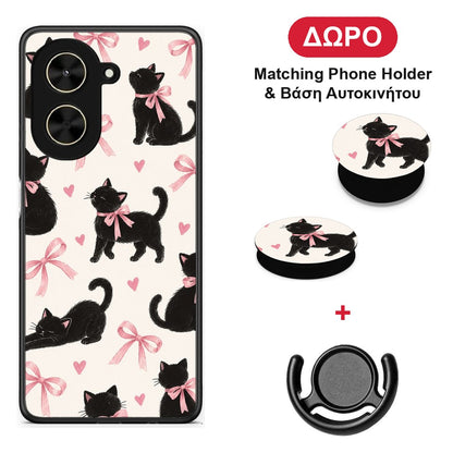 Black Kittens and Pink Bows on Cream Large - Xiaomi Poco C71 θήκη + Δώρο Phone Holder & Βάση Αυτοκινήτου