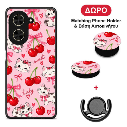 Cherries Bows and Kittens on Pink - Xiaomi Poco C71 θήκη + Δώρο Phone Holder & Βάση Αυτοκινήτου