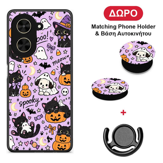 Halloween Black Cats on Lilac - Xiaomi Poco C71 θήκη + Δώρο Phone Holder & Βάση Αυτοκινήτου