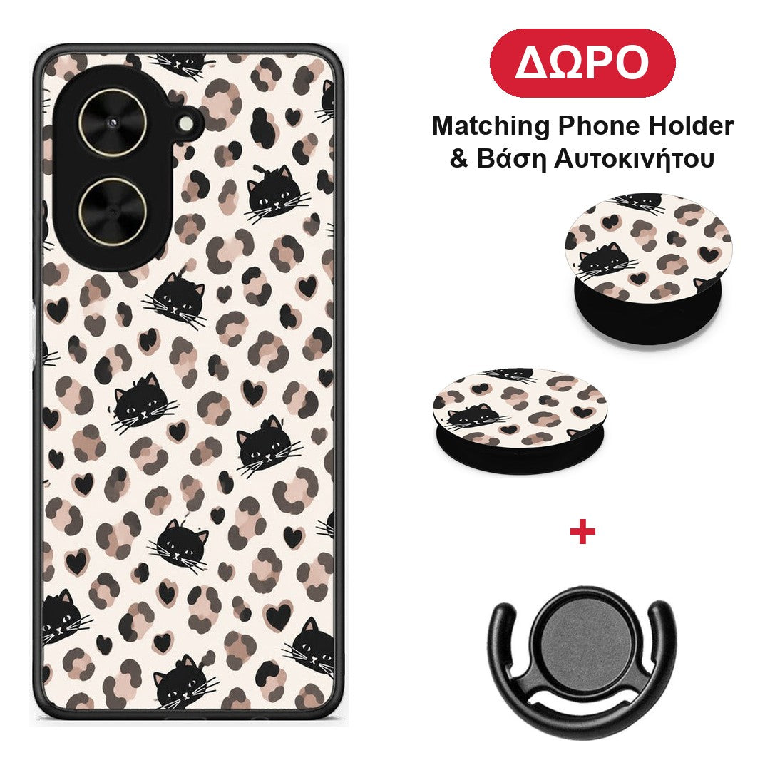 Leopard Spots and Black Cats on Cream - Xiaomi Poco C71 θήκη + Δώρο Phone Holder & Βάση Αυτοκινήτου