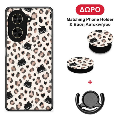Leopard Spots and Black Cats on Cream - Xiaomi Poco C71 θήκη + Δώρο Phone Holder & Βάση Αυτοκινήτου