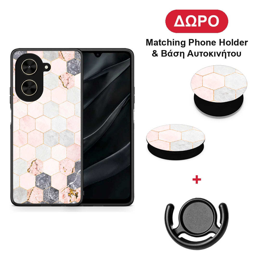 Marble Hexagon Pink - Xiaomi Poco C71 θήκη + Δώρο Phone Holder & Βάση Αυτοκινήτου