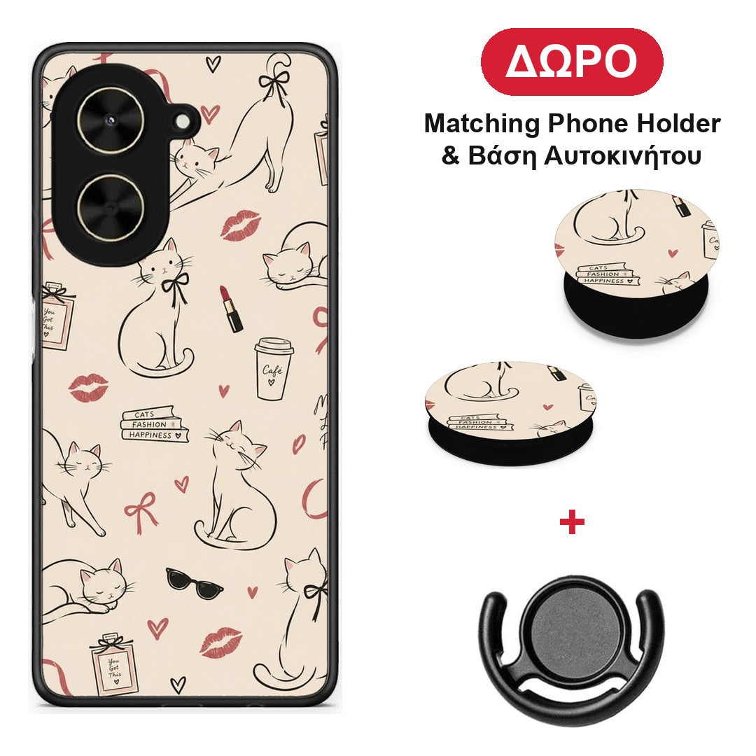 Minimal Cat and Fashion Doodles on Cream - Xiaomi Poco C71 θήκη + Δώρο Phone Holder & Βάση Αυτοκινήτου