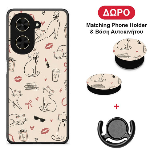 Minimal Cat and Fashion Doodles on Cream - Xiaomi Poco C71 θήκη + Δώρο Phone Holder & Βάση Αυτοκινήτου