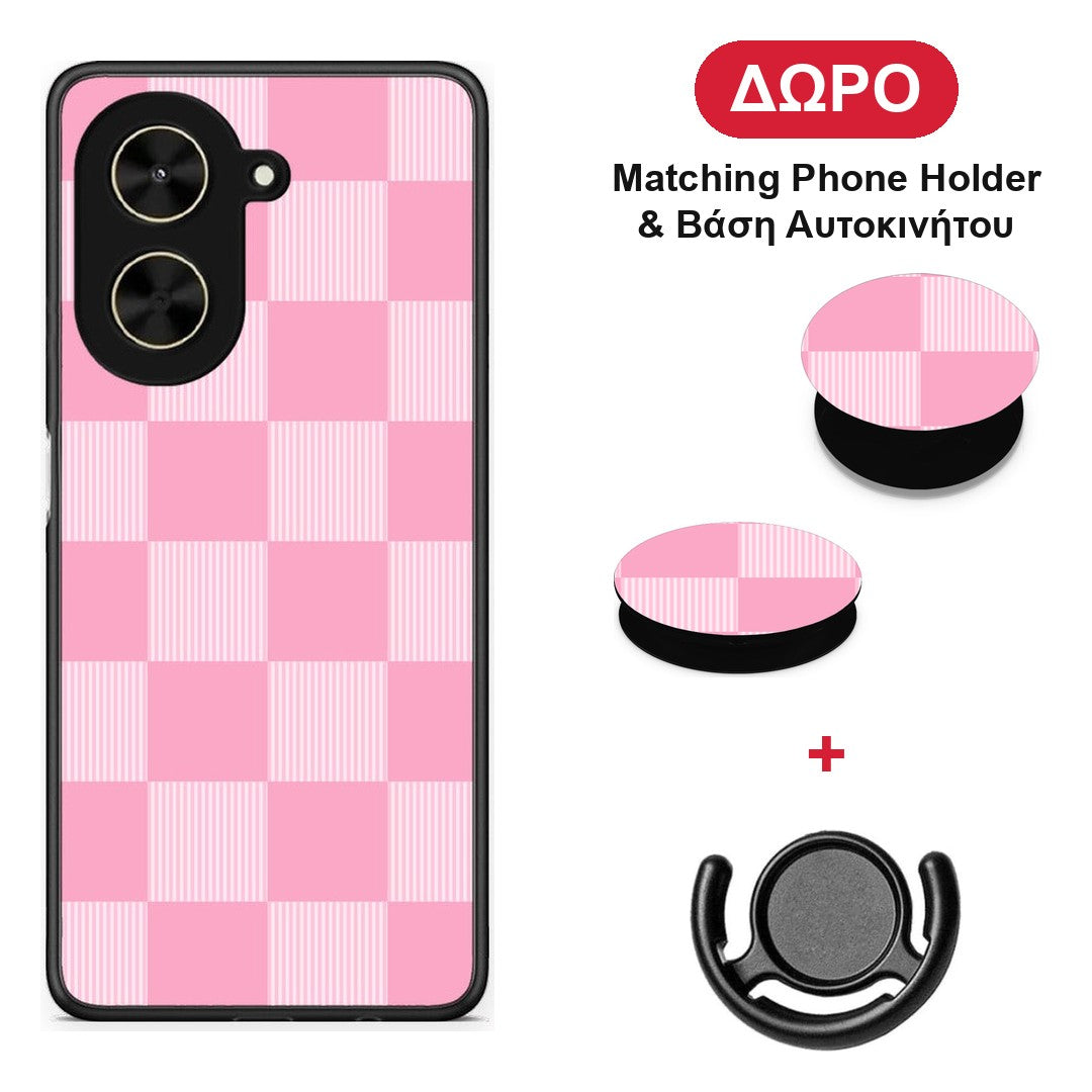 Pink and White Striped Checks - Xiaomi Poco C71 θήκη + Δώρο Phone Holder & Βάση Αυτοκινήτου