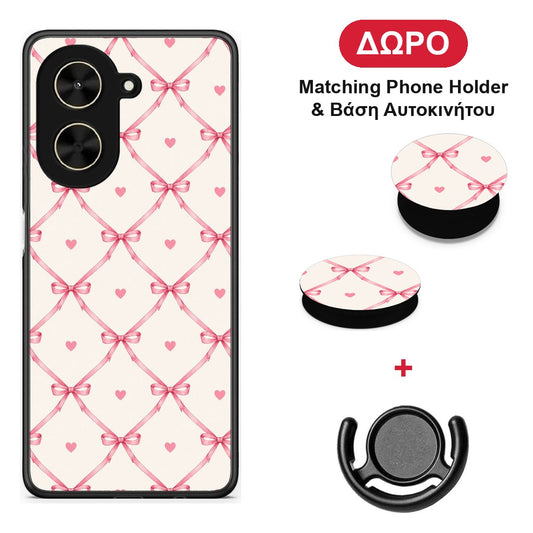 Pink Bow Lattice and Hearts on Cream - Xiaomi Poco C71 θήκη + Δώρο Phone Holder & Βάση Αυτοκινήτου