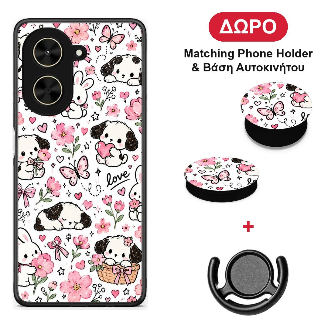 Pink Florals Puppies and Bunnies on White - Xiaomi Poco C71 θήκη + Δώρο Phone Holder & Βάση Αυτοκινήτου