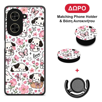 Pink Florals Puppies and Bunnies on White - Xiaomi Poco C71 θήκη + Δώρο Phone Holder & Βάση Αυτοκινήτου