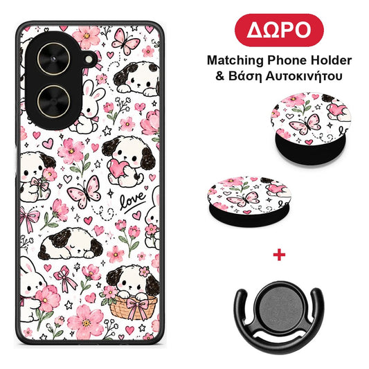 Pink Florals Puppies and Bunnies on White - Xiaomi Poco C71 θήκη + Δώρο Phone Holder & Βάση Αυτοκινήτου