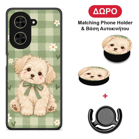Puppy and Daisies on Sage Gingham - Xiaomi Poco C71 θήκη + Δώρο Phone Holder & Βάση Αυτοκινήτου