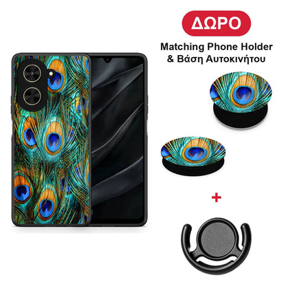 Real Peacock Feathers - Xiaomi Poco C71 θήκη + Δώρο Phone Holder & Βάση Αυτοκινήτου