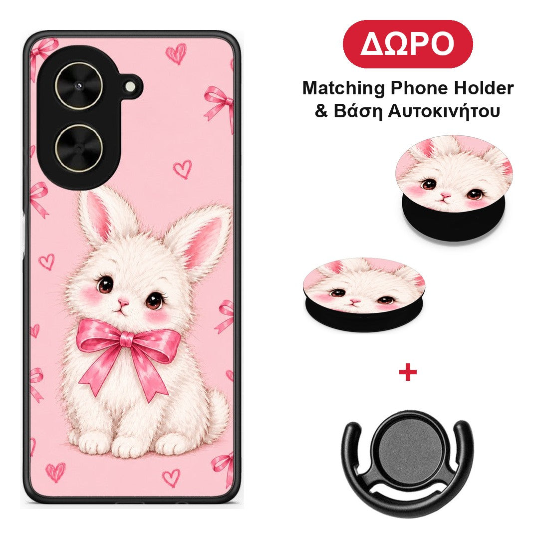 White Bunny and Pink Bows - Xiaomi Poco C71 θήκη + Δώρο Phone Holder & Βάση Αυτοκινήτου