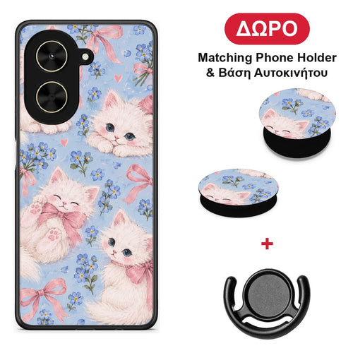White Kittens and Blue Flowers Large - Xiaomi Poco C71 θήκη + Δώρο Phone Holder & Βάση Αυτοκινήτου