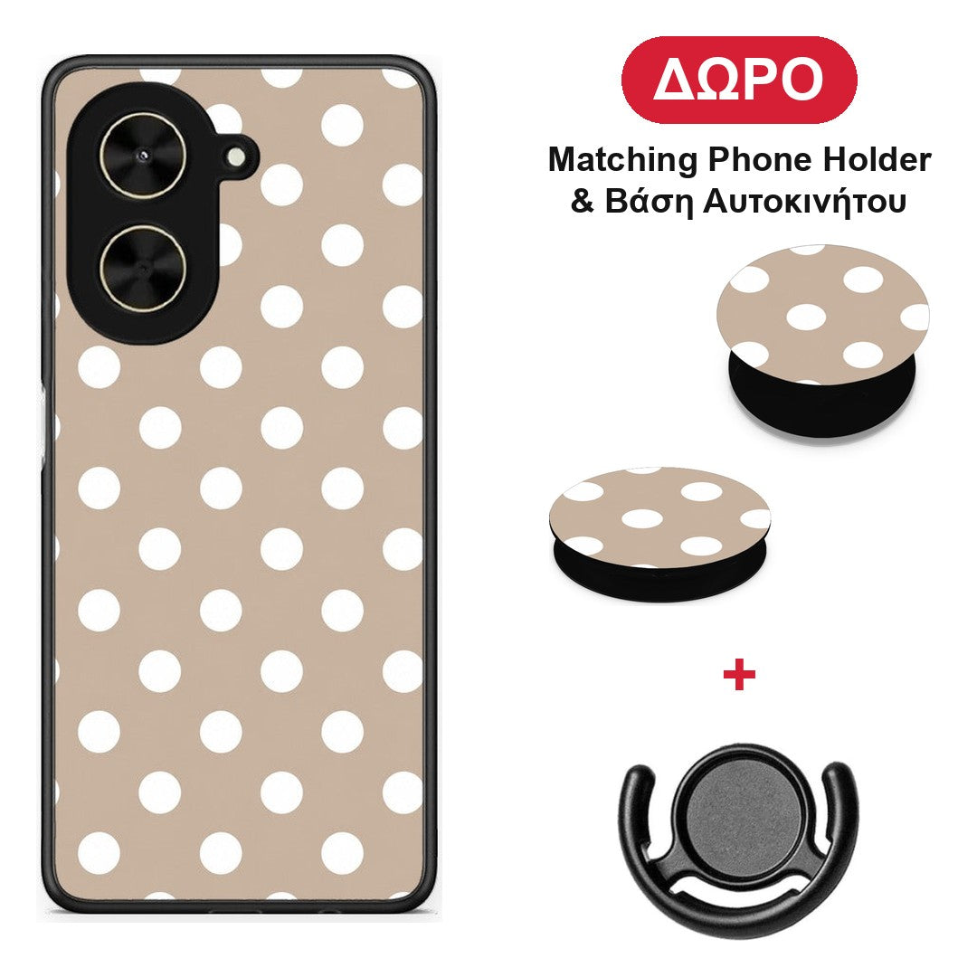 White Polka Dots on Taupe - Xiaomi Poco C71 θήκη + Δώρο Phone Holder & Βάση Αυτοκινήτου