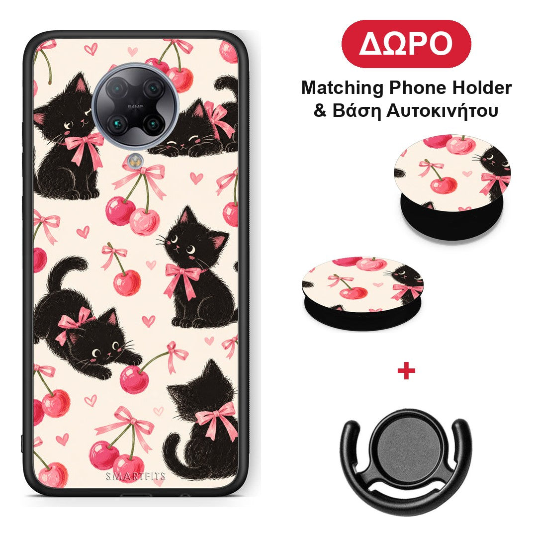Black Kittens and Cherries on Cream - Xiaomi Poco F2 Pro θήκη + Δώρο Phone Holder & Βάση Αυτοκινήτου