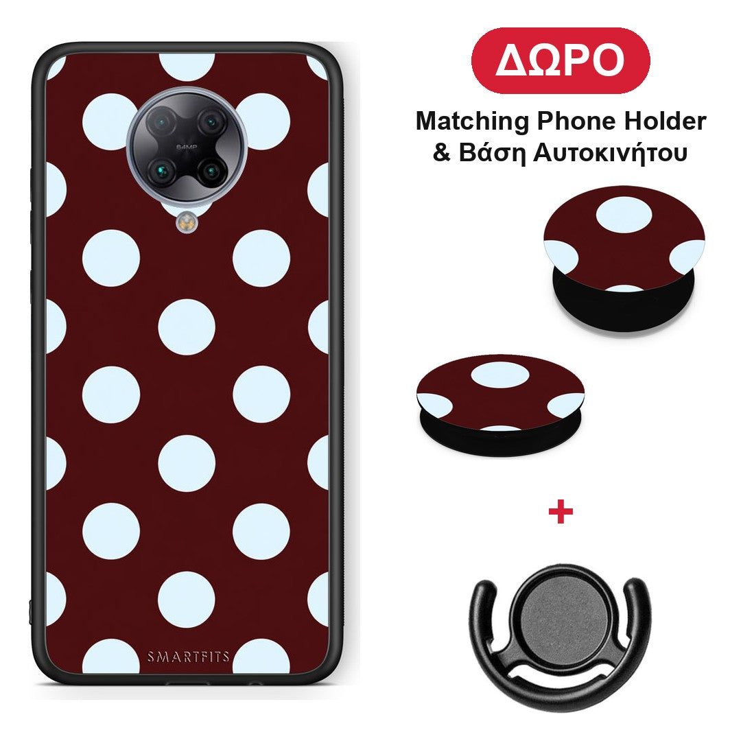 Pale Blue Large Polka Dots on Burgundy - Xiaomi Poco F2 Pro θήκη + Δώρο Phone Holder & Βάση Αυτοκινήτου