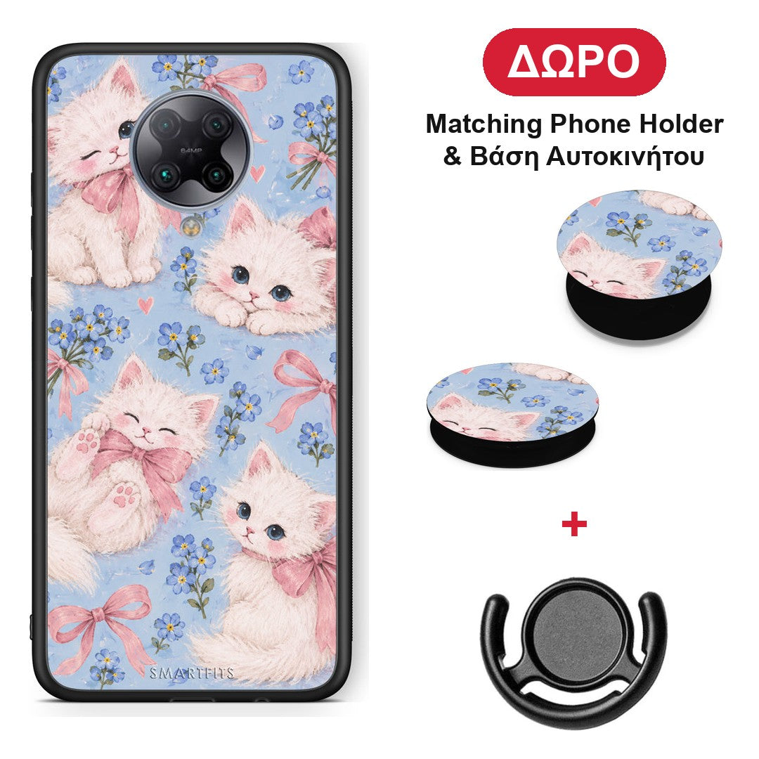 White Kittens and Blue Flowers Large - Xiaomi Poco F2 Pro θήκη + Δώρο Phone Holder & Βάση Αυτοκινήτου