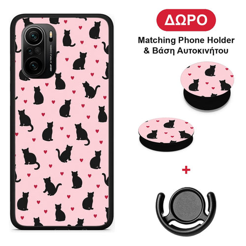 Black Cat Silhouettes and Hearts on Pink - Xiaomi Poco F3 θήκη + Δώρο Phone Holder & Βάση Αυτοκινήτου