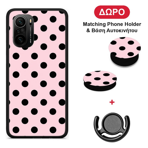 Black Polka Dots on Pink - Xiaomi Poco F3 θήκη + Δώρο Phone Holder & Βάση Αυτοκινήτου