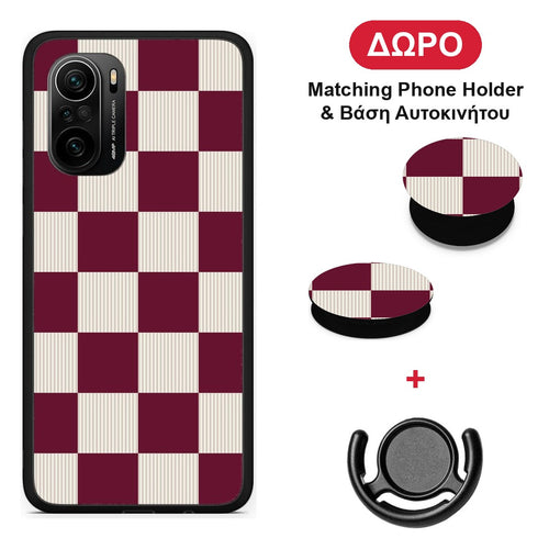 Burgundy and Cream Striped Checks - Xiaomi Poco F3 θήκη + Δώρο Phone Holder & Βάση Αυτοκινήτου
