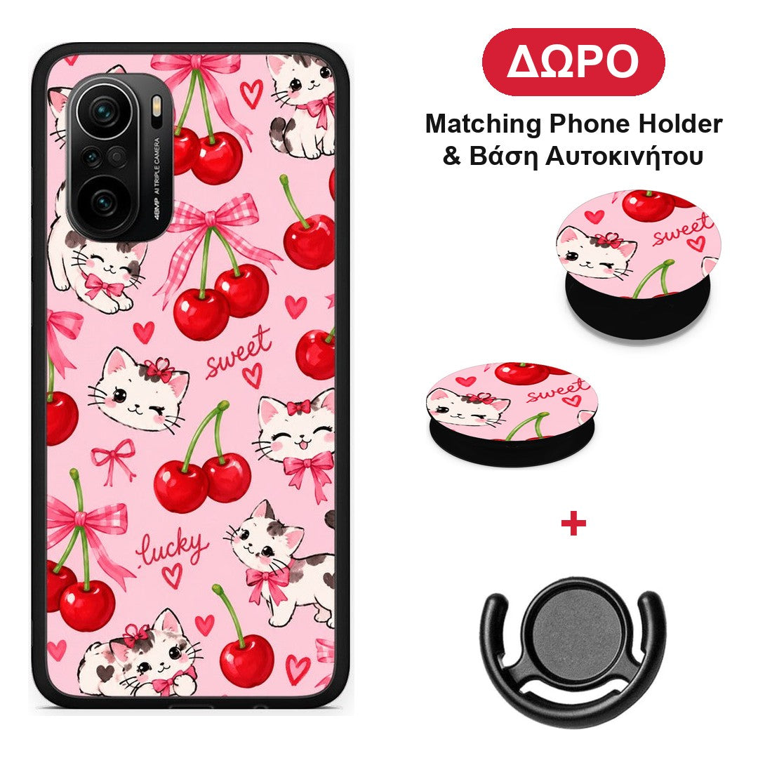 Cherries Bows and Kittens on Pink - Xiaomi Poco F3 θήκη + Δώρο Phone Holder & Βάση Αυτοκινήτου