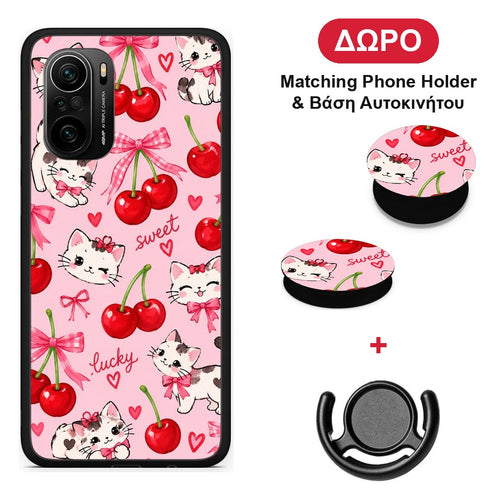 Cherries Bows and Kittens on Pink - Xiaomi Poco F3 θήκη + Δώρο Phone Holder & Βάση Αυτοκινήτου