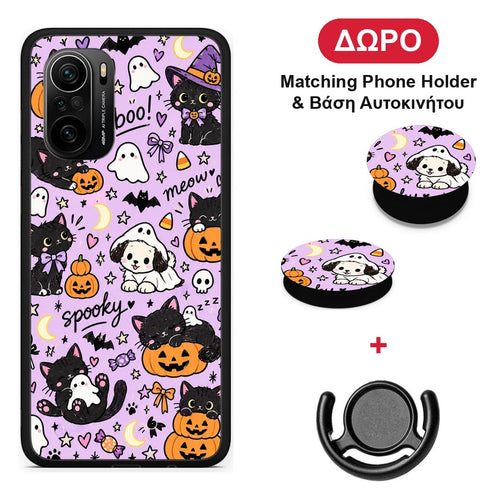 Halloween Black Cats on Lilac - Xiaomi Poco F3 θήκη + Δώρο Phone Holder & Βάση Αυτοκινήτου