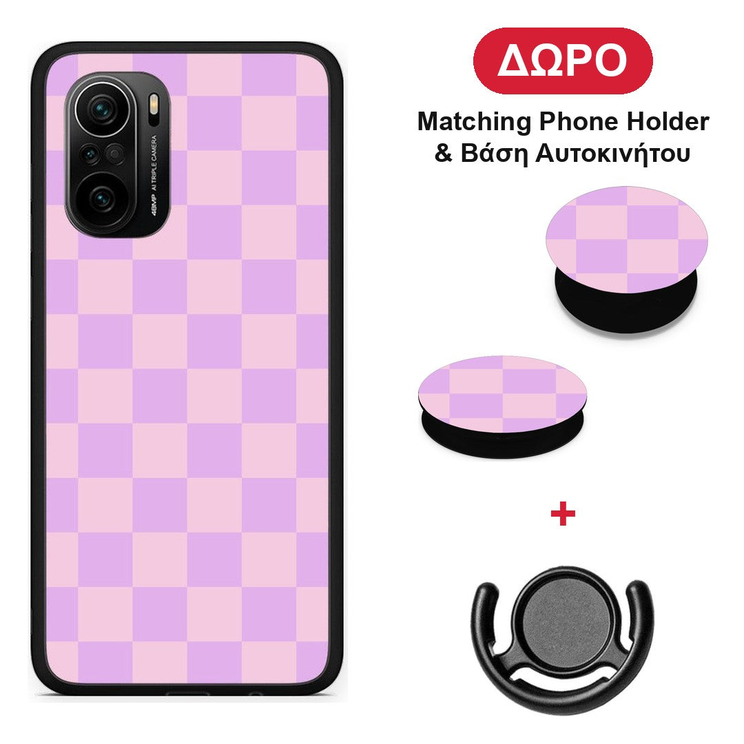 Lavender and Pink Checkerboard - Xiaomi Poco F3 θήκη + Δώρο Phone Holder & Βάση Αυτοκινήτου