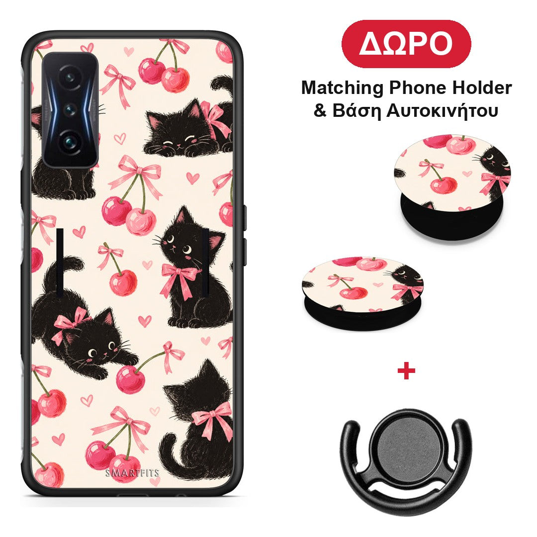 Black Kittens and Cherries on Cream - Xiaomi Poco F4 GT θήκη + Δώρο Phone Holder & Βάση Αυτοκινήτου