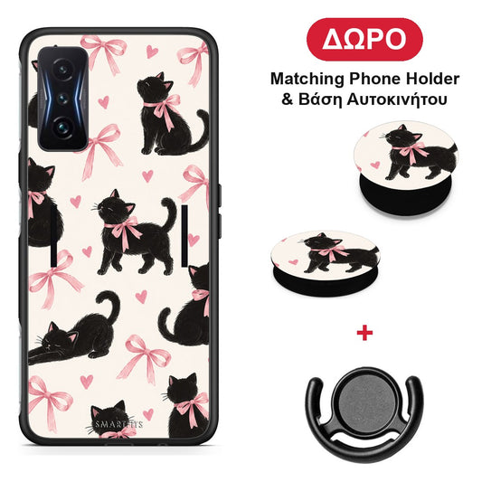 Black Kittens and Pink Bows on Cream Large - Xiaomi Poco F4 GT θήκη + Δώρο Phone Holder & Βάση Αυτοκινήτου