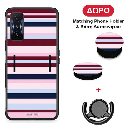 Burgundy Pink and Blue Horizontal Stripes - Xiaomi Poco F4 GT θήκη + Δώρο Phone Holder & Βάση Αυτοκινήτου